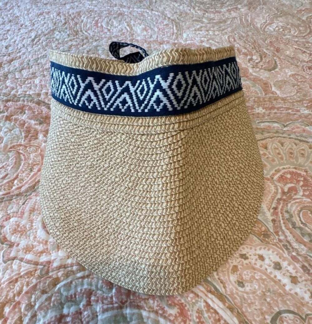 Sea & Grass Straw Visor with Navy Blue Geometric Ribbon Tie Back